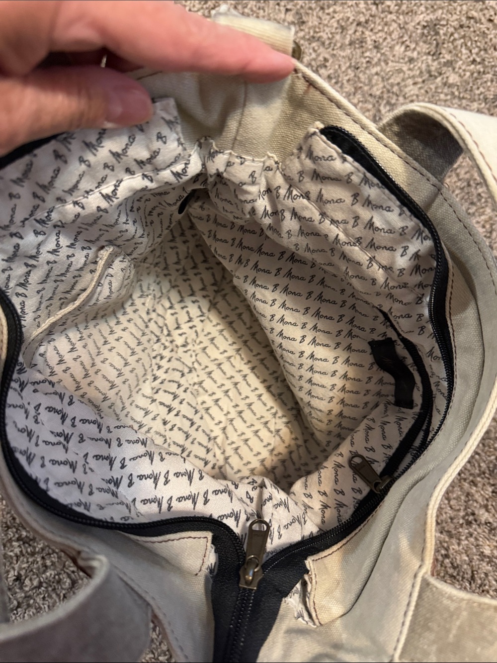 Mona B Recycled Canvas Crossbody Tote in Light Gray and Cream with Brown Trim - Picture 4 of 6